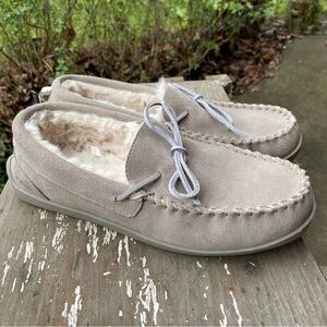 MY SLIPPERS Gray Suede Leather and Plush Faux Sherpa & Memory Foam Lining - 11